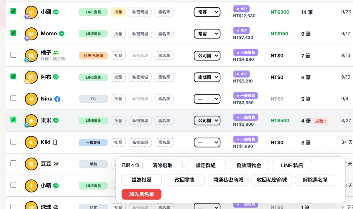 勾選多位客人後，畫面下方出現的按鈕